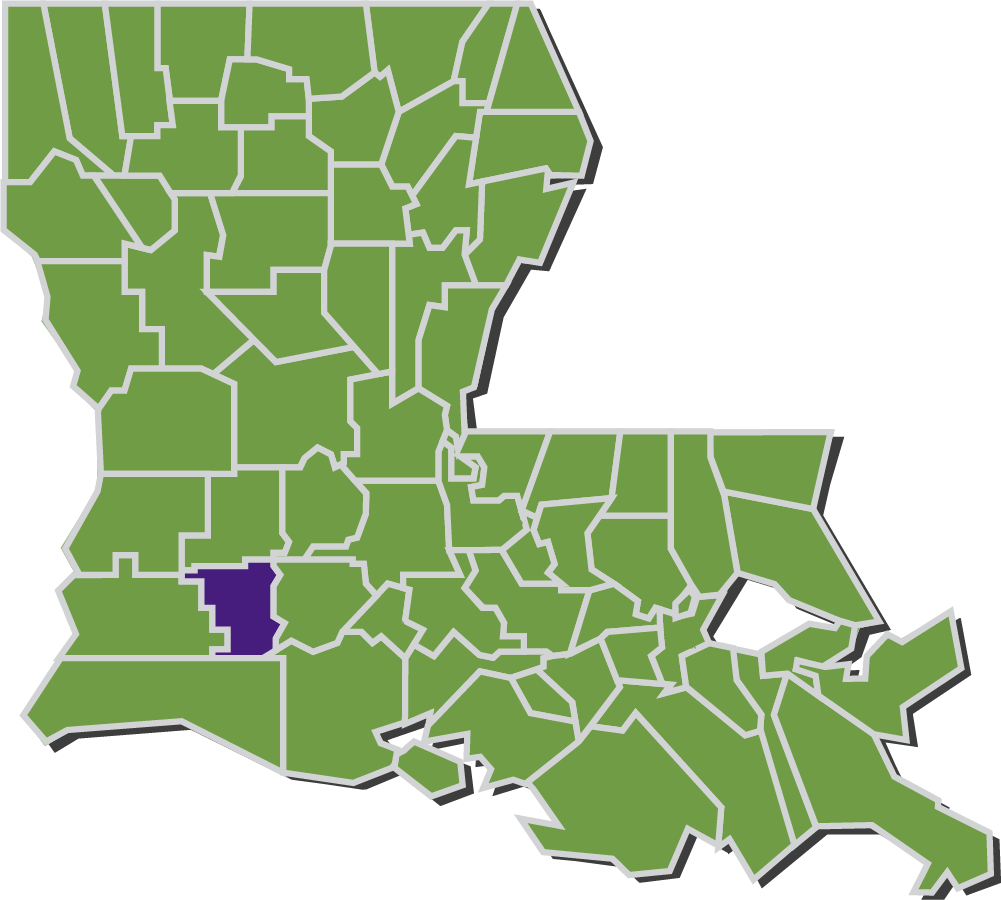 Map of Louisiana parishes with Jefferson Davis parish highlighted in purple.